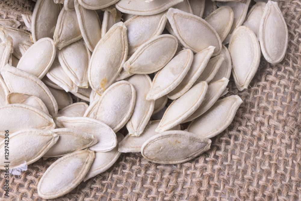 bunch of white pumpkin seeds on sacking close bunch of white pumpkin seeds on sacking close
