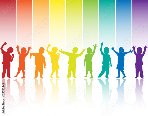Children silhouettes on rainbow background