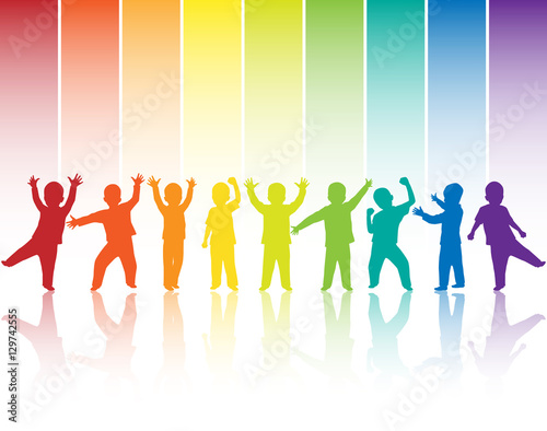 Children silhouettes on rainbow background