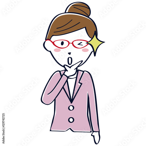 線画の淡いスーツのキャリアウーマン　赤いめがね　上半身　なるほど