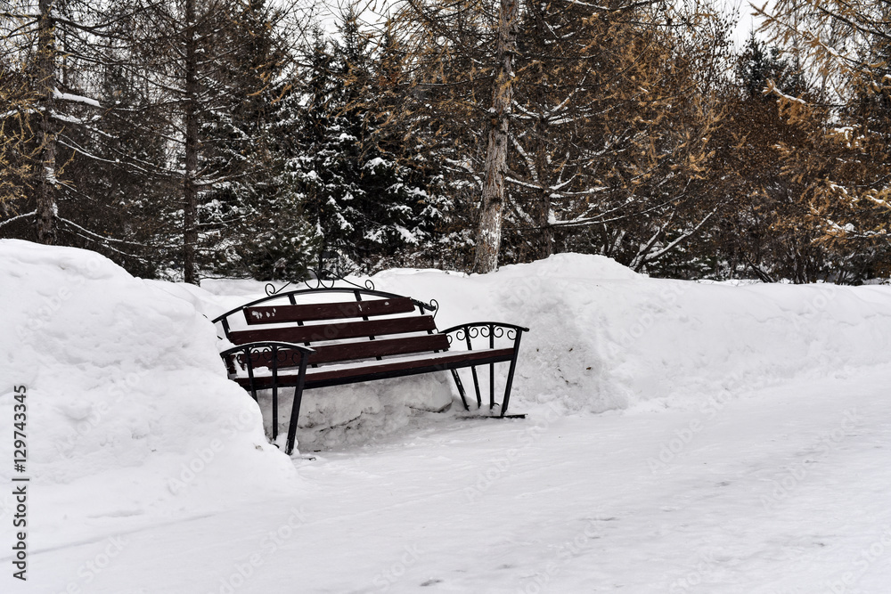 Lonely city park bench surrounded by snow