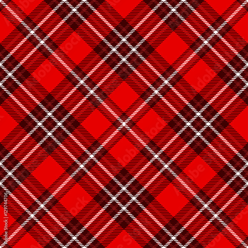 Seamless tartan plaid pattern. Checkered fabric texture print in white & dark red stripes on bright red background. 