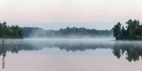 morning fog in the forest lake