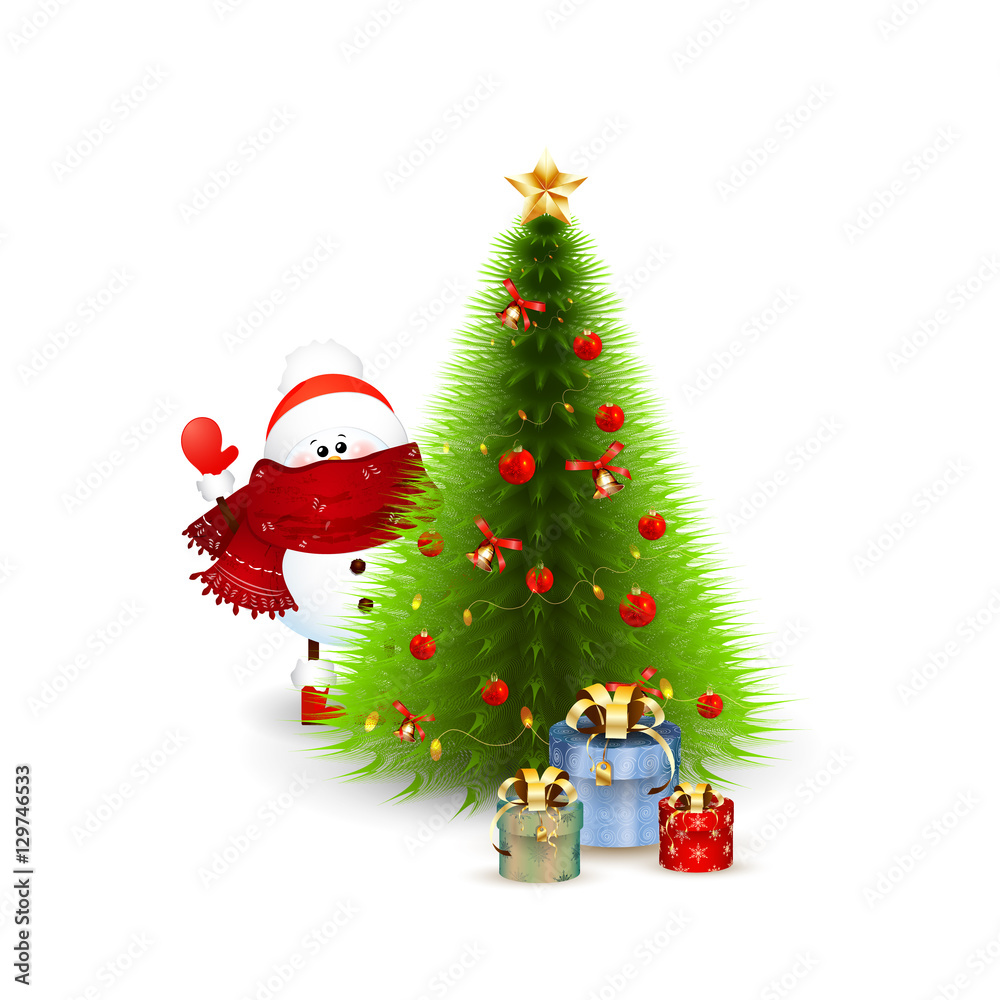 Cute snowman hides behind the christmas tree isolated on white background. Vector illustration