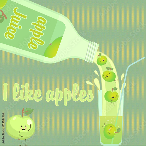 Apple juice pouring from bottle into glass. Fun apples in the glass.