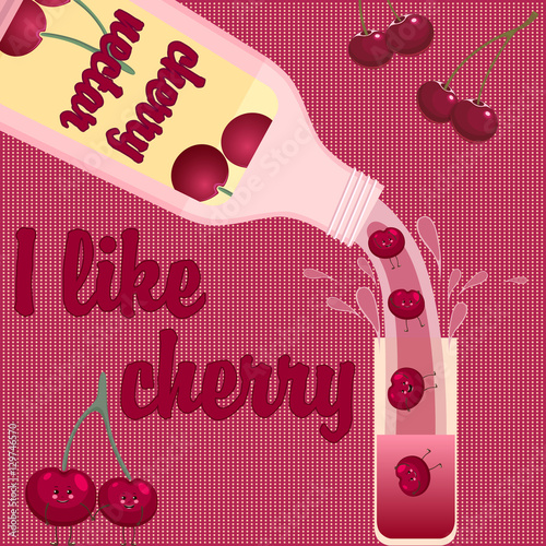 Cherry juice poured from the bottle into the glass. Cheerful cherries in the glass.