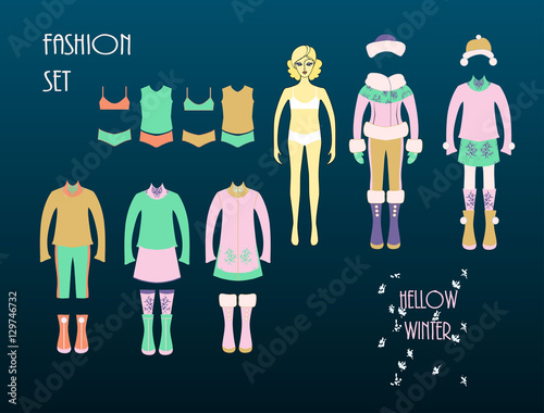 Girls fashion set . Cute dress up doll . Spring season .

