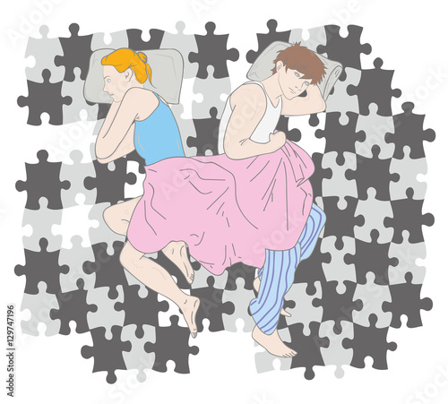 Upset young couple having marital problems or a disagreement lying side by side in bed facing in opposite directions ignoring one another. vector illustration