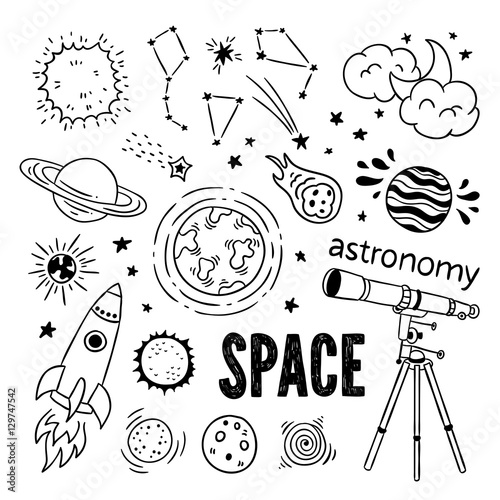 Astronomy objects vector set. Hand drawn telescope, science, planets, space ship, moon and sun, stars and constellation