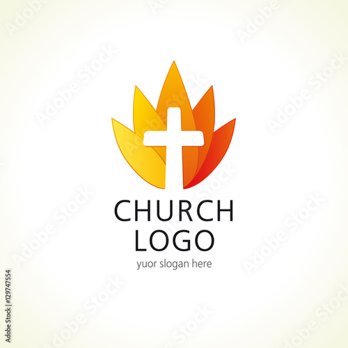 Cross on fire christian church logo. Vector icon for churches, christian organizations, bible colleges and conferences. Fire sign in a shape of water lily flower.