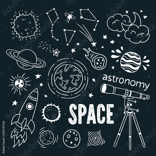 Hand drawn astronomy icons. Space illustrations: planets, stars, space ship, telescope