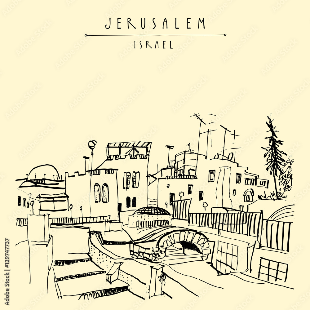 Roofs in Jerusalem, Israel. Travel sketch. Hand drawn touristic postcard, poster, calendar or book illustration. Jerusalem city view postcard