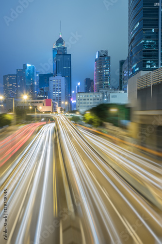 Traffic light trails in downtown of Hong Kong China.