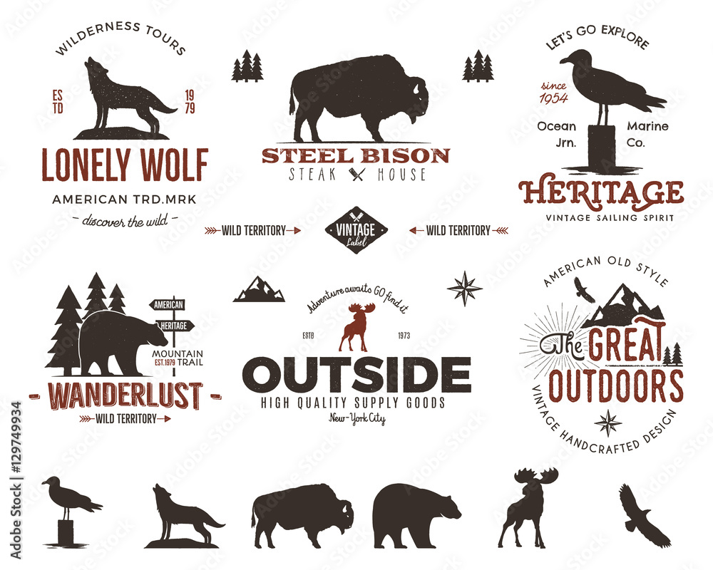 Wild animal badges set and outdoors activity insignias. Retro illustration  of . Typography camping style. Vector logos with letterpress effect. Custom  explorer quotes. Rough Stock Vector | Adobe Stock