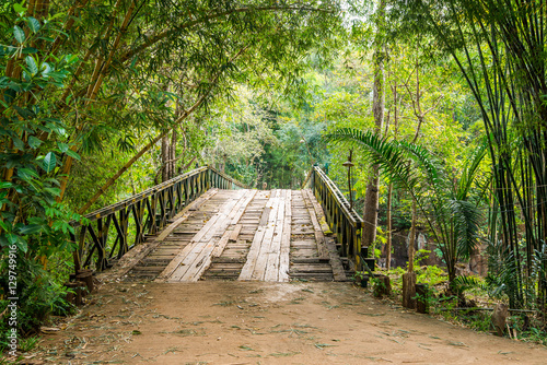 Wooden bridge over the river in tropical country, Laos