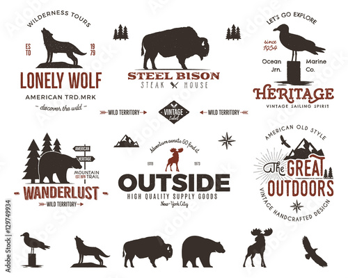 Wild animal badges set and outdoors activity insignias. Retro illustration of  . Typography camping style. Vector   logos with letterpress effect. Custom explorer quotes. Rough