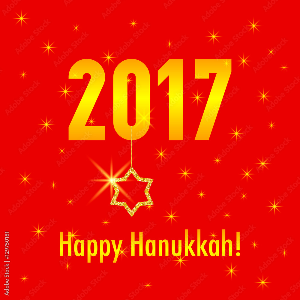 Happy Hanukkah card template with text 2017. Jewish holiday illustration. Happy Hanukkah greeting card with Jewish star on red background.