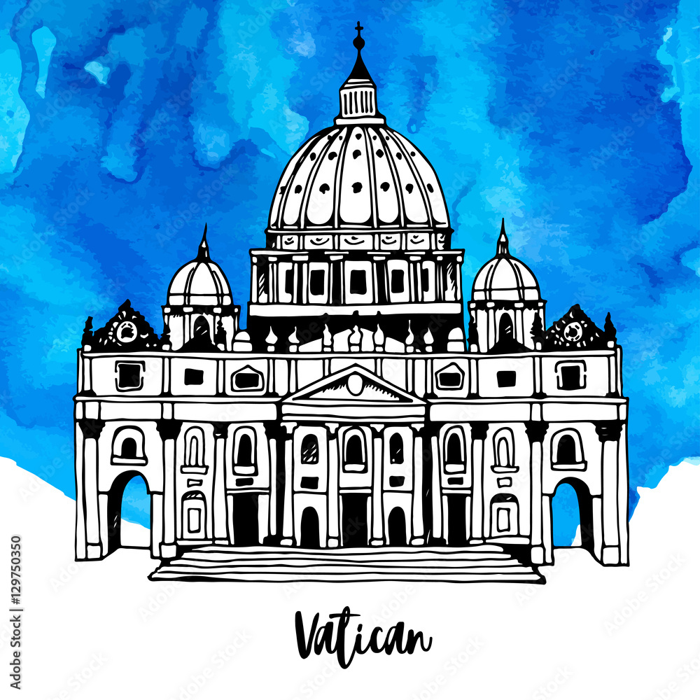 Hand drawn St. Peter's Basilica, Vatican, Rome, Italy. Vector illustration of St. Peter's Cathedral on watercolour splash background