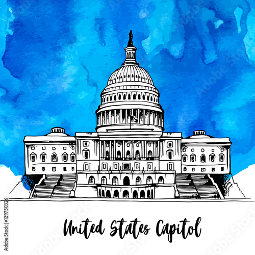 United States Capitol Building vector illustration on watercolor background