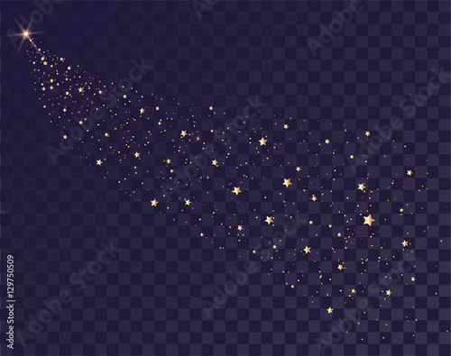Gold stars glittering trail of Santas sleigh. Tail of comet on transparent background in dark sky
