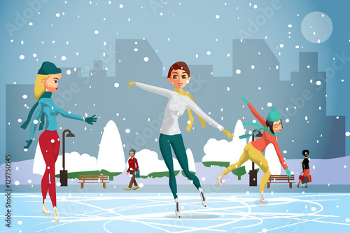 Winter sports. Figures Skating. Women skating at the rink in the