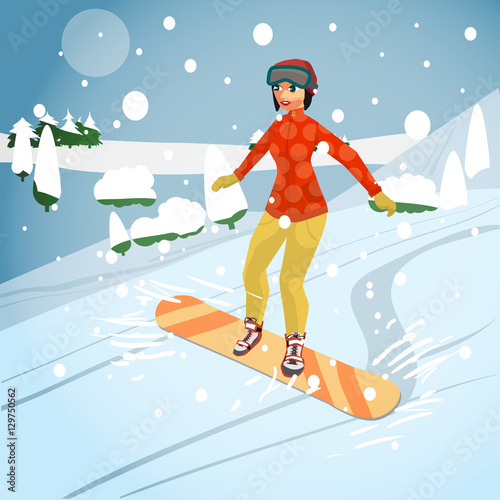 Woman snowboarding in mountains. Winter sports vacation concept.