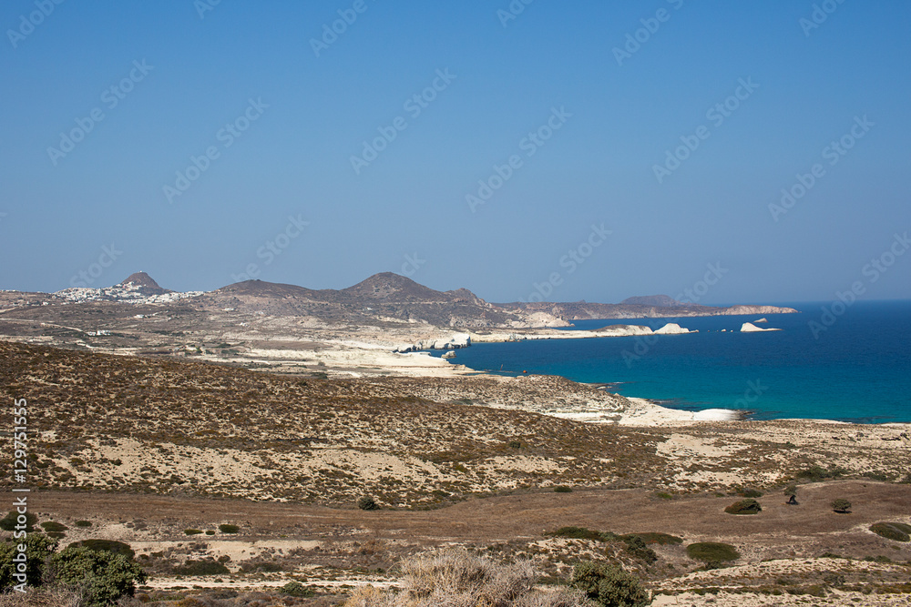Milos - Panoramic view of Sarakiniko coast with white volcanic rock, Cyclades islands. 