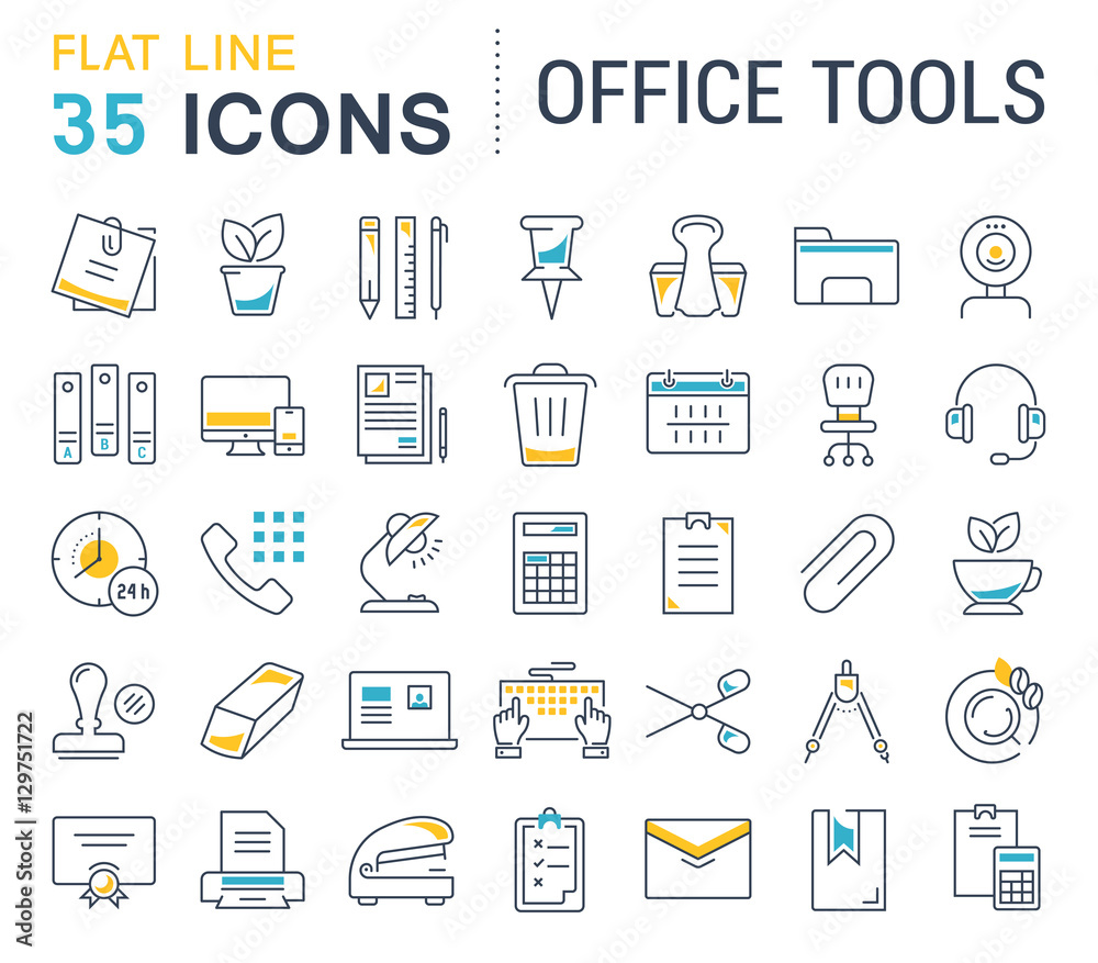 Set Vector Flat Line Icons Office Tools Set Vector Flat Line Icons Office Tools