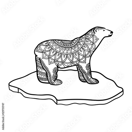 stylized Polar Bear illustration in zentangle doodle style, ethnic ornament, unique hand drawn design for print, clothing, greeting cards, banners, antistress coloring page for adult and other