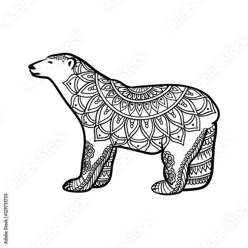stylized Polar Bear illustration in zentangle doodle style, ethnic ornament, unique hand drawn design for print, clothing, greeting cards, banners, antistress coloring page for adult and other