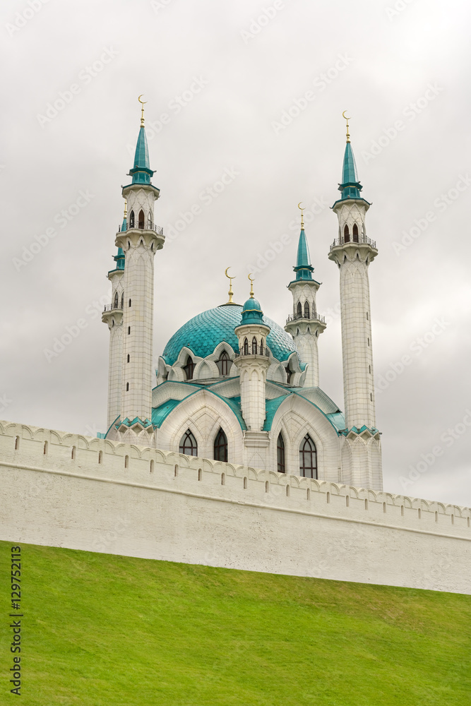 Beautiful white mosque with blue roof on a green hill