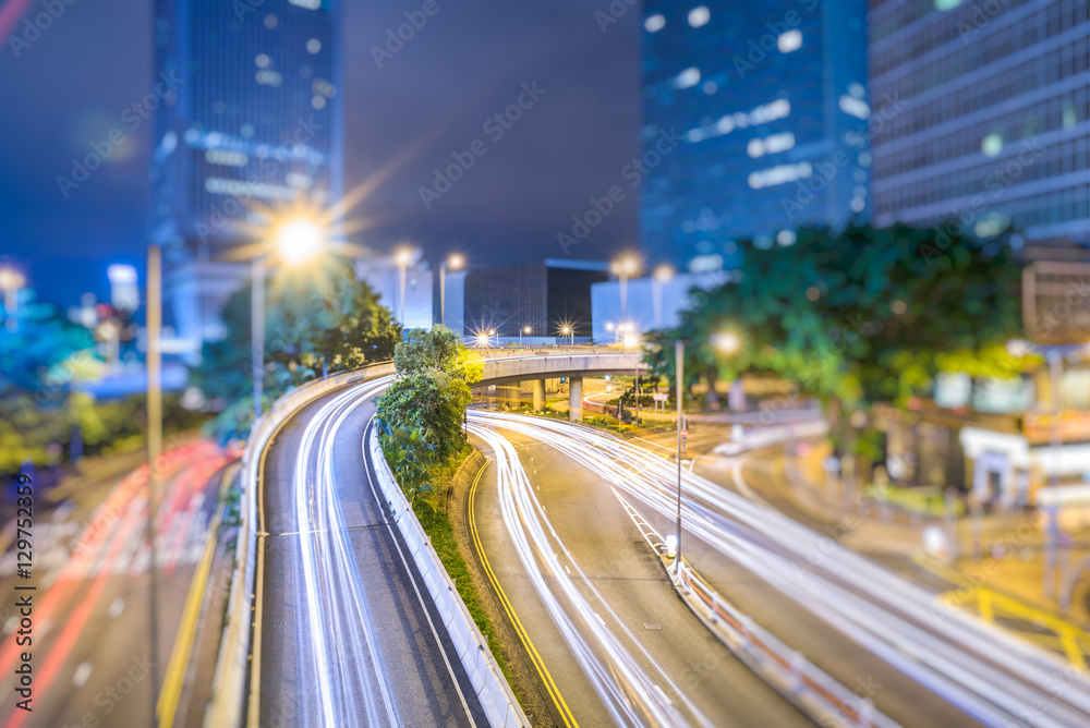 Traffic light trails in downtown of Hong Kong,China.