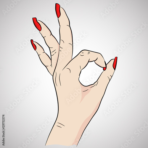 Vector image of female okey hand with red nails in cartoon style. Ok sign.  Handdrawn image