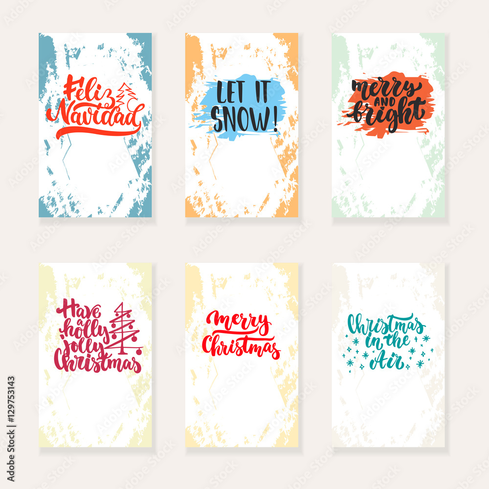 Naklejka premium Set of 6 Christmas and New Year greeting cards with hand drawn brush lettering and sketch elements. Holiday invitation.