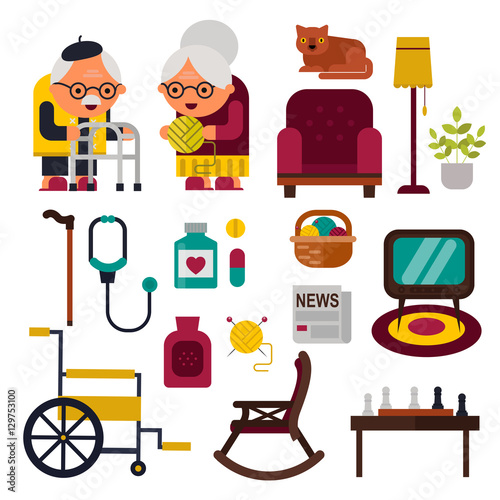 Vector objects for pensioners, old peoples life set. Flat granny icons.