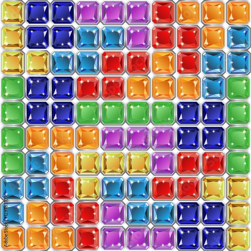 Seamless pattern with colorful elements of tile mosaic blocks from realistic faceted gem stones. Vector illustration