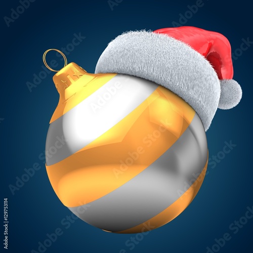 3d illustration of silver Christmas ball over dark blue background with golden line and Christmas hat