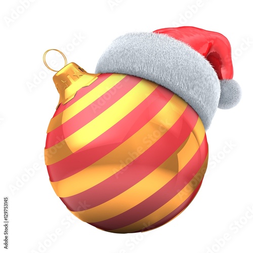 3d illustration of Christmass ball over white background with diagonal lines and Christmas hat
