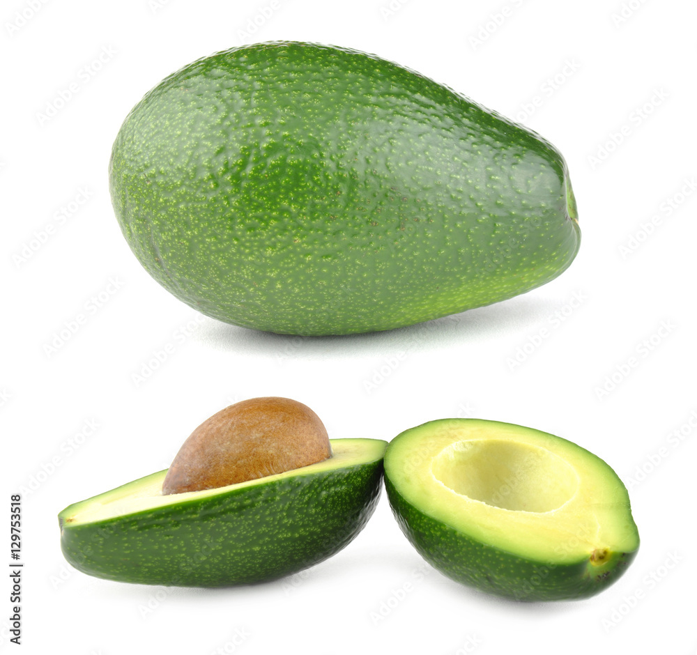 Avocado. Full and half. Isolated on white Avocado. Full and half. Isolated on white