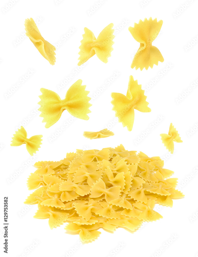 Farfalle pasta flying, isolated on white background