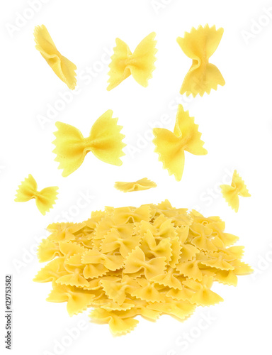 Farfalle pasta flying, isolated on white background