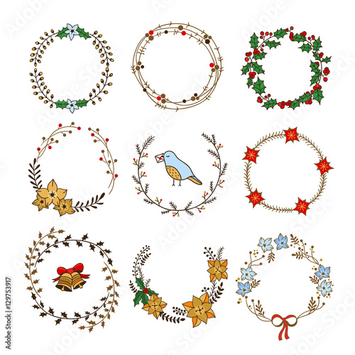 Hand drawn Christmas wreaths. Vecor set cute decorative wreaths and round frames for holidays
