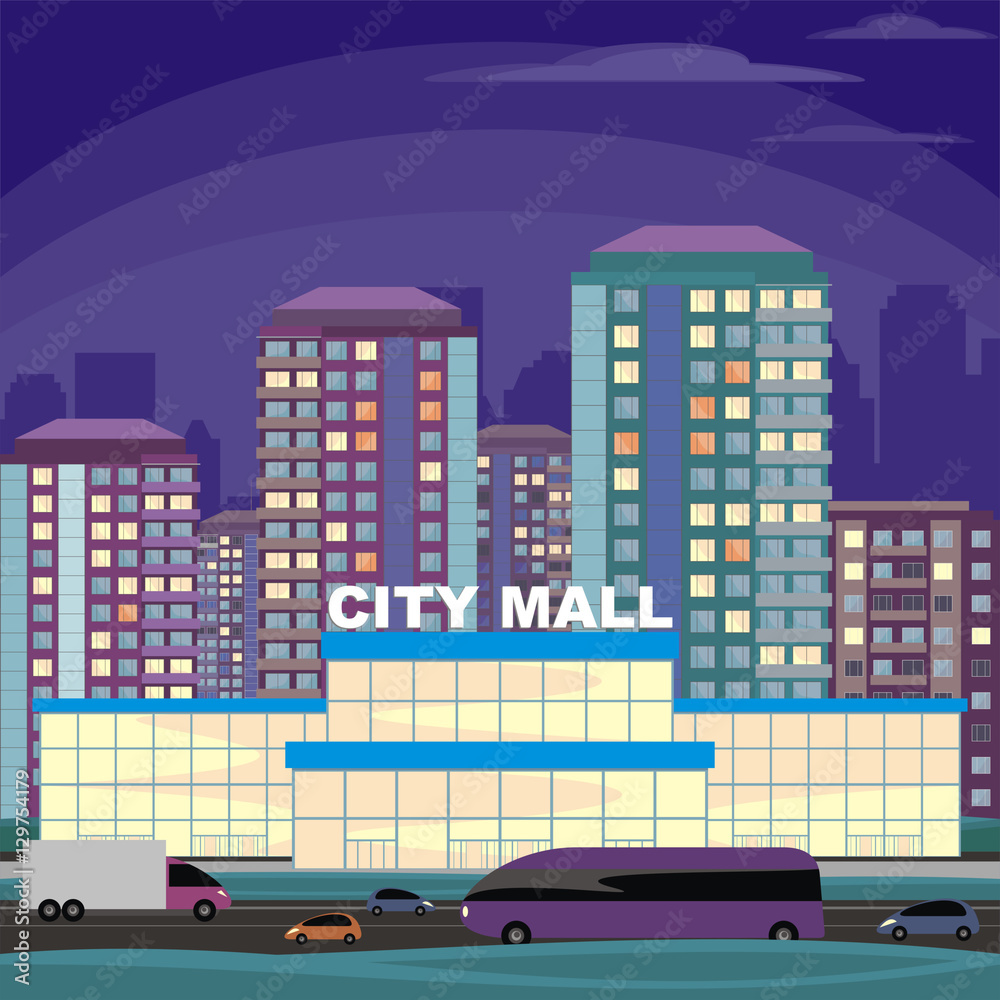 Abstract image of a modern city. Night cityscape with tall buildings, skyscrapers and shopping center. Vector background for design presentations, web sites and banners.