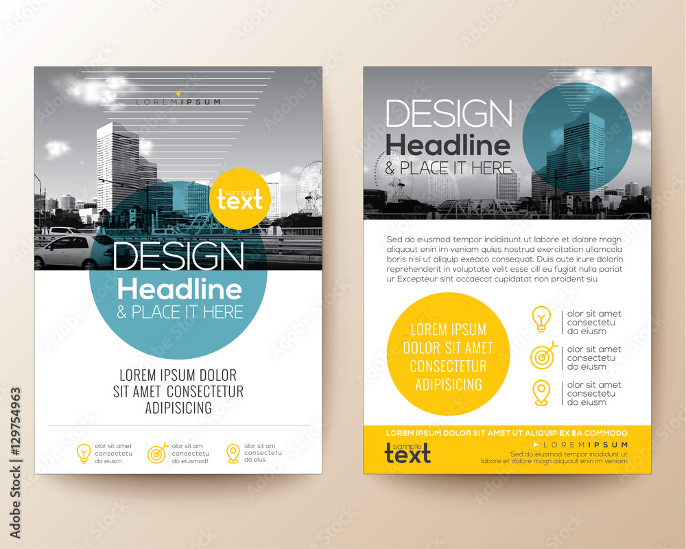 poster flyer pamphlet brochure cover design layout with circle shape  graphic elements and space for photo background, blue and yellow color  scheme, vector template in A4 size Stock Vector | Adobe Stock