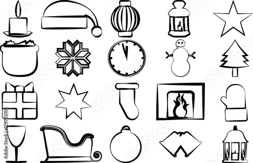 Drawn icons with Christmas paraphernalia on a white background