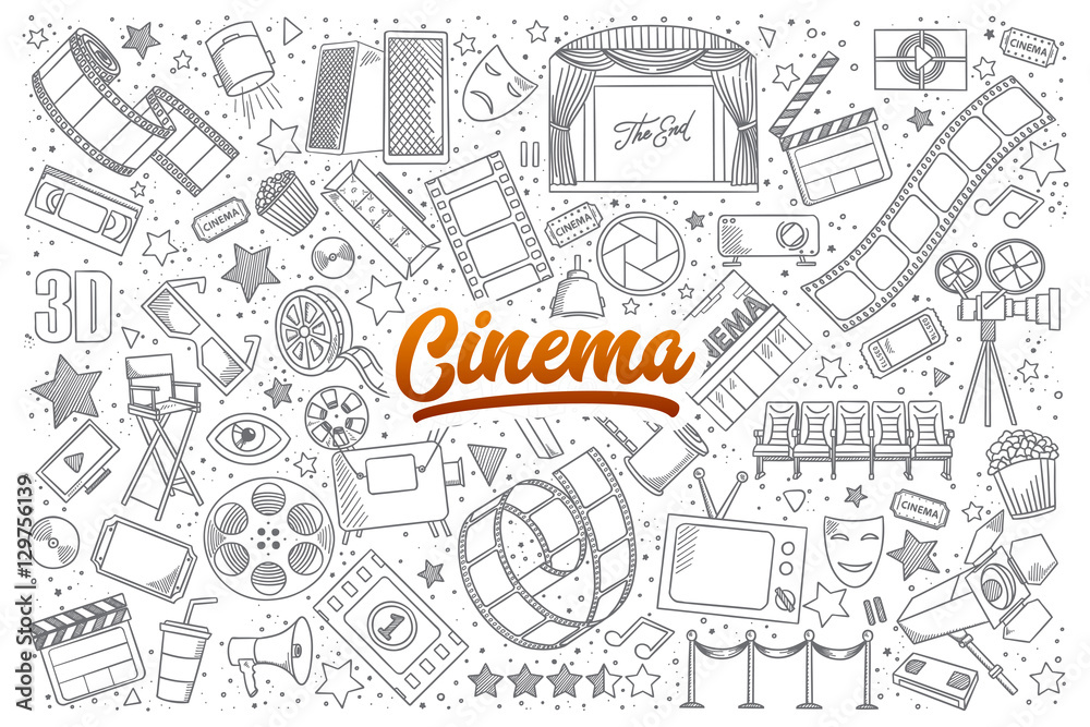 Hand drawn set of cinema doodles with orange lettering in vector