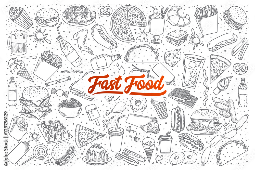 Hand drawn set of fast food doodles with lettering in vector