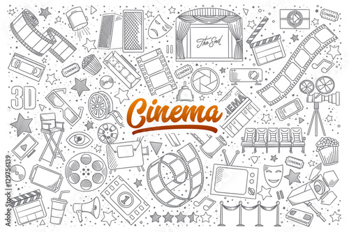 Hand drawn set of cinema doodles with orange lettering in vector