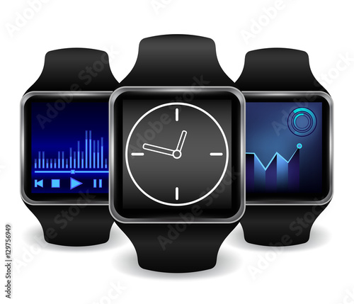 Smart watch with Interface in several color options . Vector Illustration. Eps10.