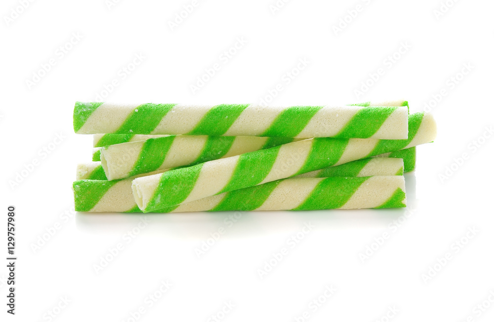 green stripe wafer rolls on white background green stripe wafer rolls on white background